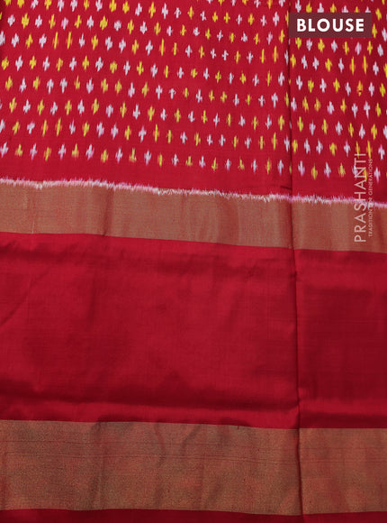 Pochampally silk saree dark green and red with plain body and temple design zari woven ikat style border