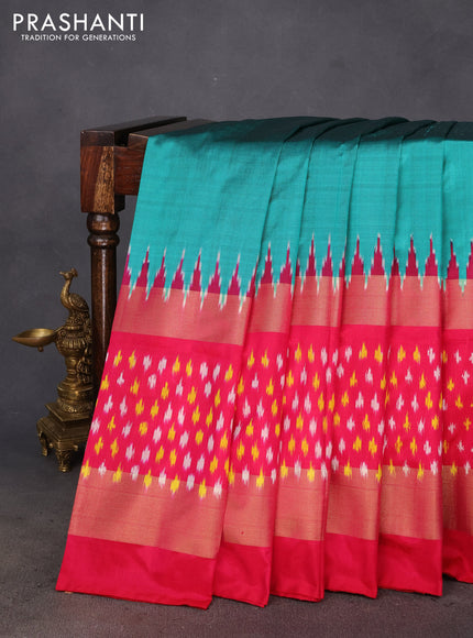 Pochampally silk saree teal green and pink with plain body and temple design zari woven ikat style border