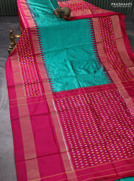 Pochampally silk saree teal green and pink with plain body and temple design zari woven ikat style border
