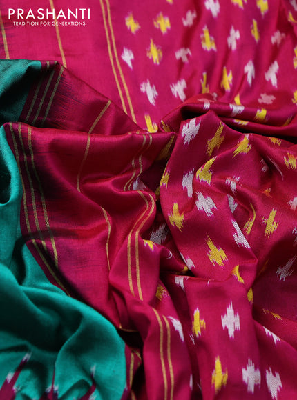 Pochampally silk saree teal green and pink with plain body and temple design zari woven ikat style border