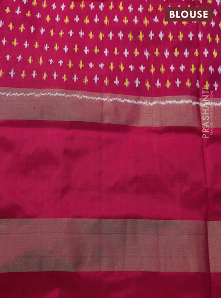 Pochampally silk saree teal green and pink with plain body and temple design zari woven ikat style border