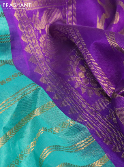 Kuppadam silk cotton saree teal blue and violet shade with allover zari weaves and long zari woven border