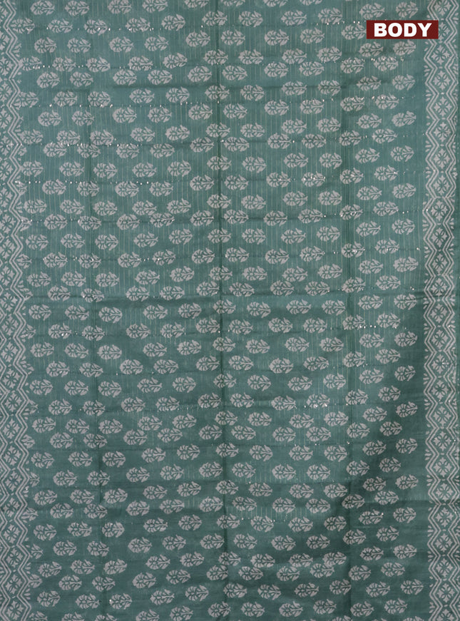 Semi bamboo saree pastel green shade and grey with allover sequin zari stripes & Butta prints and printed border