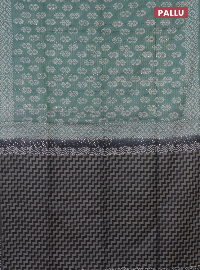 Semi bamboo saree pastel green shade and grey with allover sequin zari stripes & Butta prints and printed border