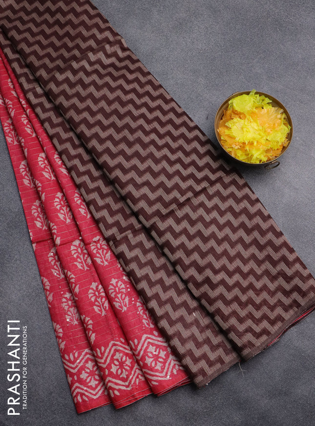 Semi bamboo saree pink and brown with allover sequin zari stripes & Butta prints and printed border