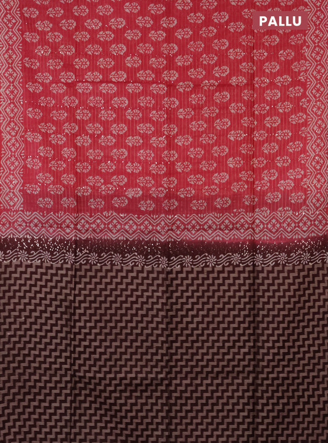Semi bamboo saree pink and brown with allover sequin zari stripes & Butta prints and printed border