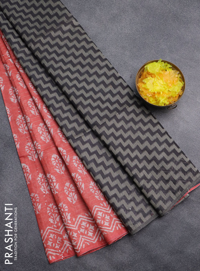 Semi bamboo saree peach shade and elephant grey with allover sequin zari stripes & Butta prints and printed border