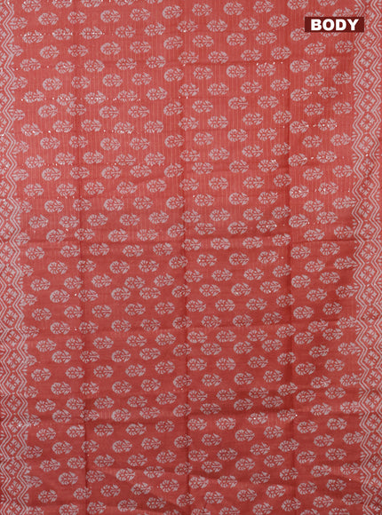 Semi bamboo saree peach shade and elephant grey with allover sequin zari stripes & Butta prints and printed border