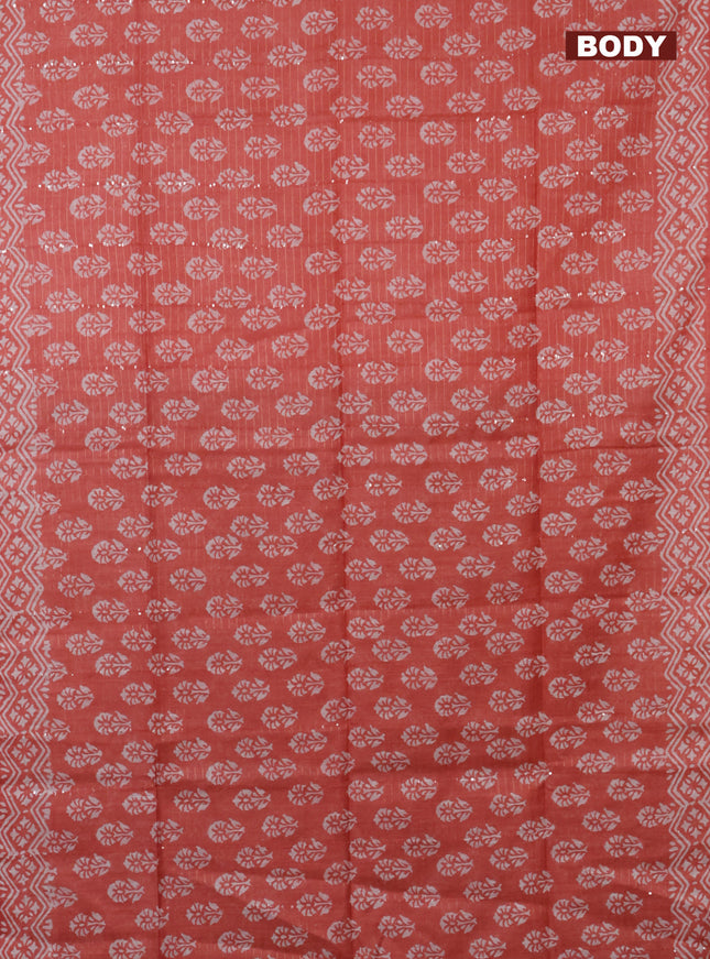 Semi bamboo saree peach shade and elephant grey with allover sequin zari stripes & Butta prints and printed border