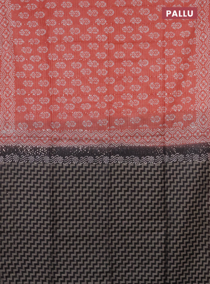 Semi bamboo saree peach shade and elephant grey with allover sequin zari stripes & Butta prints and printed border