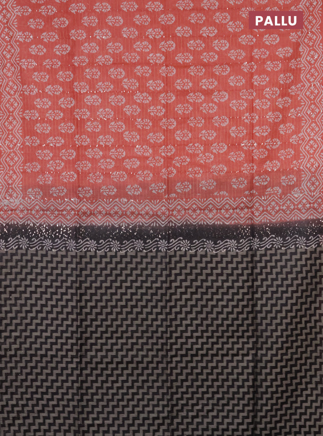 Semi bamboo saree peach shade and elephant grey with allover sequin zari stripes & Butta prints and printed border
