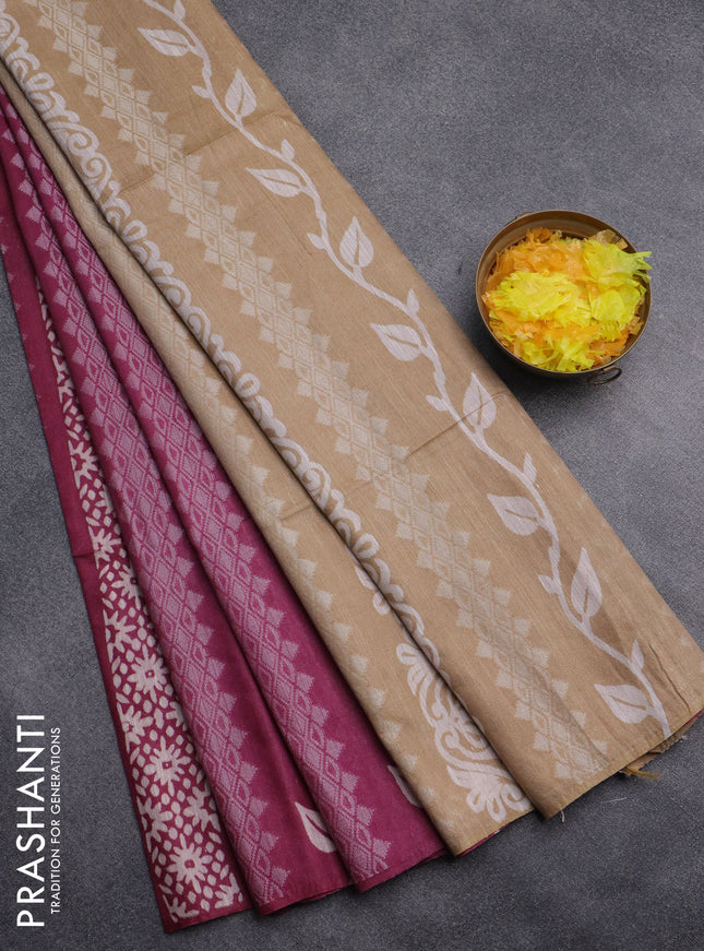 Semi bamboo saree mauve pink and sandal with allover thread weaves & prints in borderless style