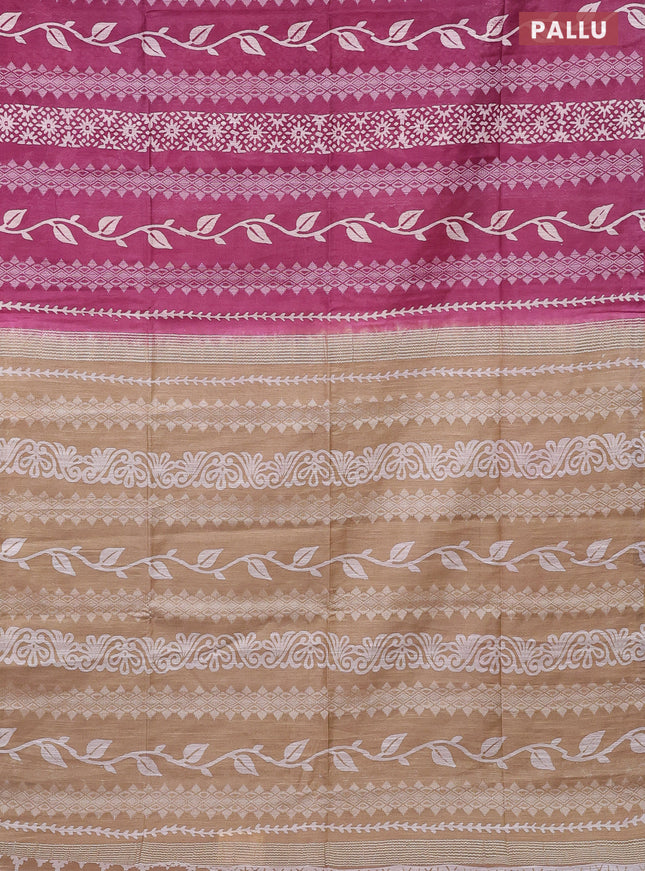 Semi bamboo saree mauve pink and sandal with allover thread weaves & prints in borderless style