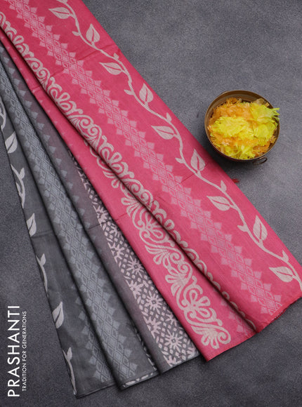 Semi bamboo saree grey and candy pink with allover thread weaves & prints in borderless style
