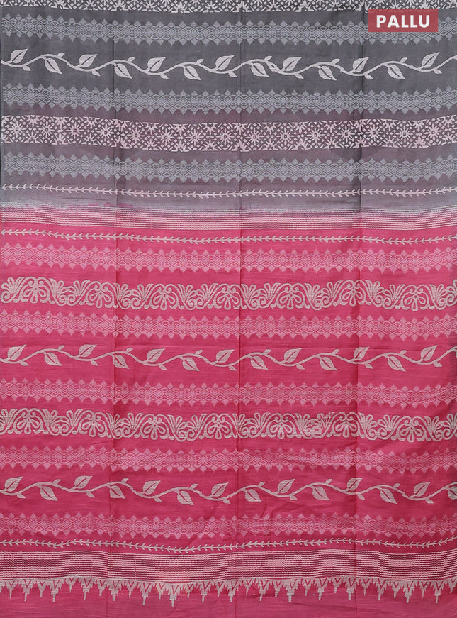 Semi bamboo saree grey and candy pink with allover thread weaves & prints in borderless style