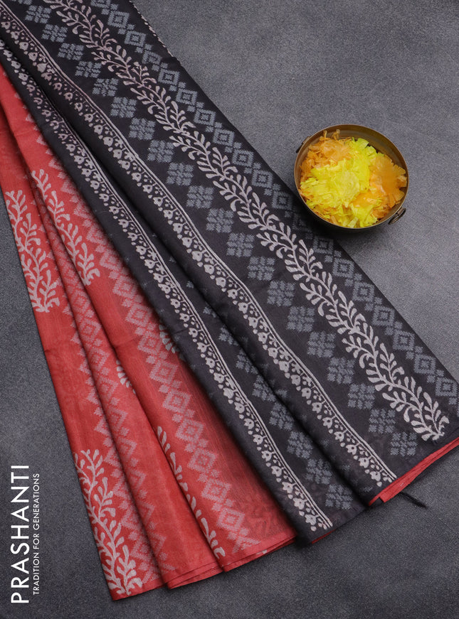 Semi bamboo saree peach orange and grey shade with allover thread weaves & prints in borderless style