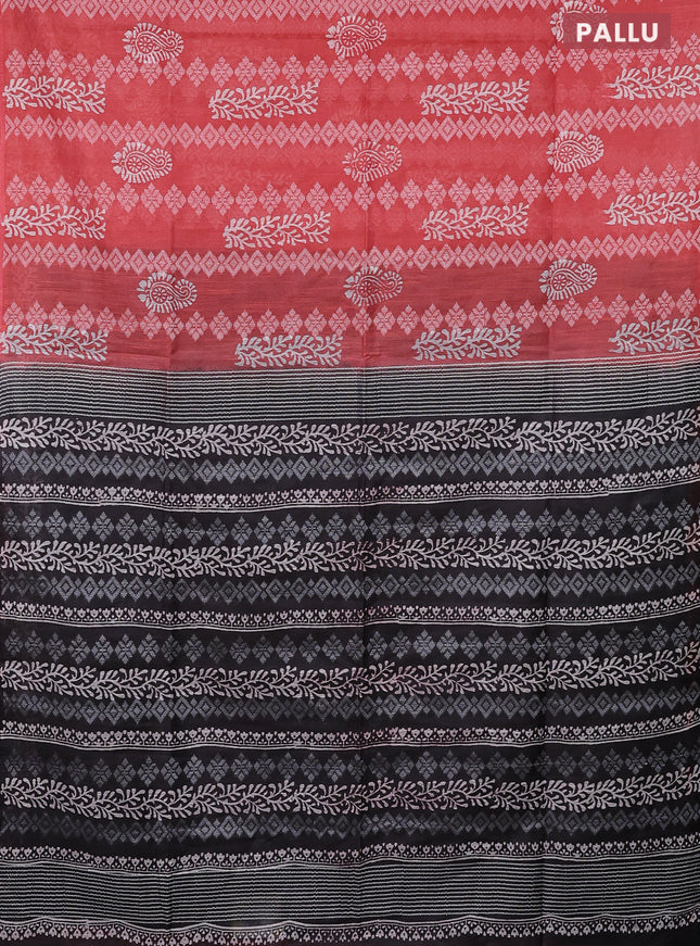 Semi bamboo saree peach orange and grey shade with allover thread weaves & prints in borderless style