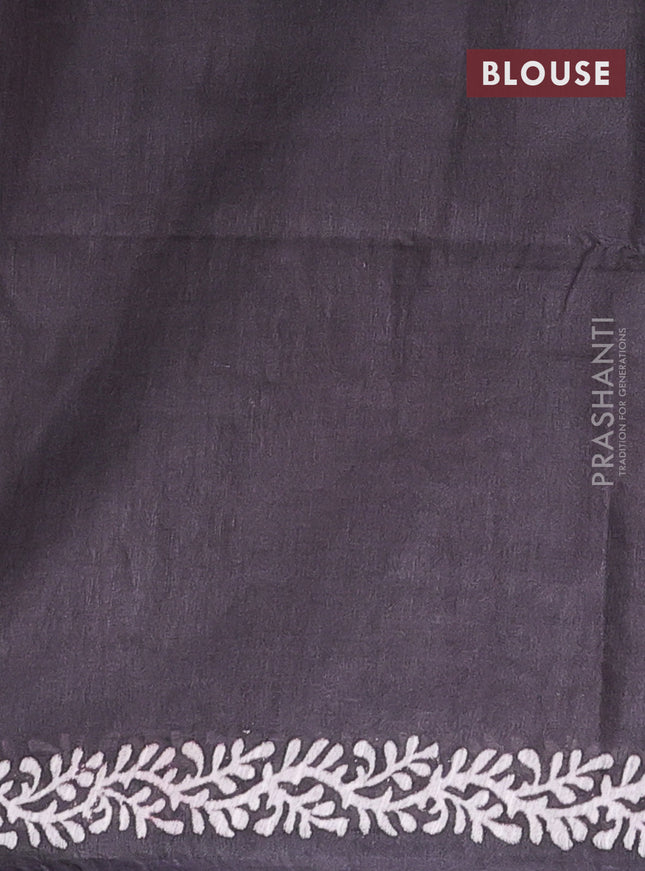 Semi bamboo saree peach orange and grey shade with allover thread weaves & prints in borderless style