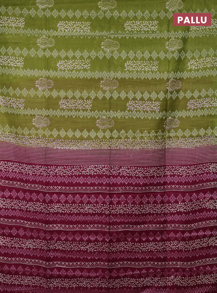 Semi bamboo saree light green and dark magenta pink with allover thread weaves & prints in borderless style