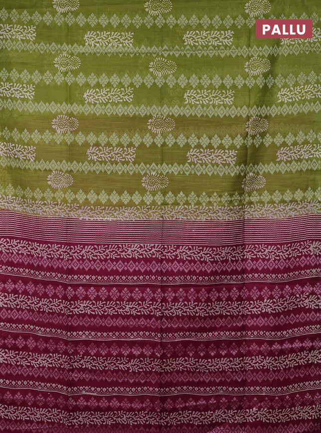 Semi bamboo saree light green and dark magenta pink with allover thread weaves & prints in borderless style