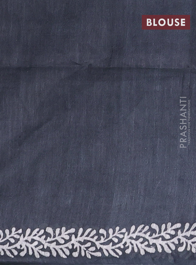 Semi bamboo saree pastel green and elephant grey with allover thread weaves & prints in borderless style