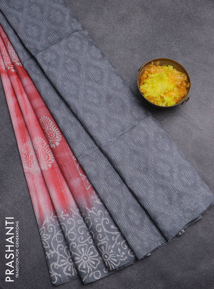 Semi bamboo saree peach orange and grey with allover thread weaves & prints and printed border