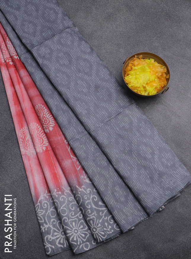 Semi bamboo saree peach orange and grey with allover thread weaves & prints and printed border