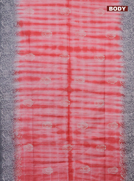 Semi bamboo saree peach orange and grey with allover thread weaves & prints and printed border