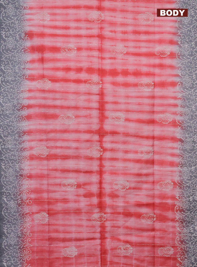 Semi bamboo saree peach orange and grey with allover thread weaves & prints and printed border