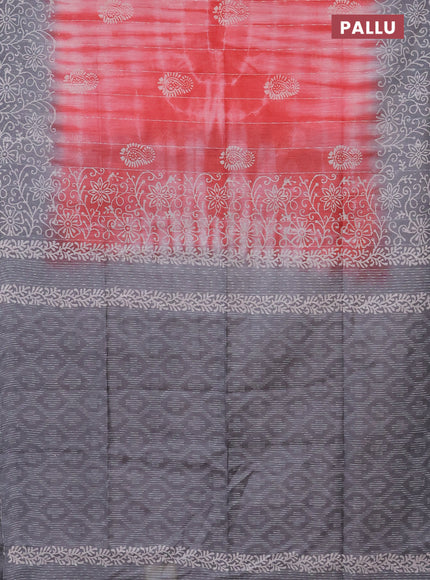 Semi bamboo saree peach orange and grey with allover thread weaves & prints and printed border