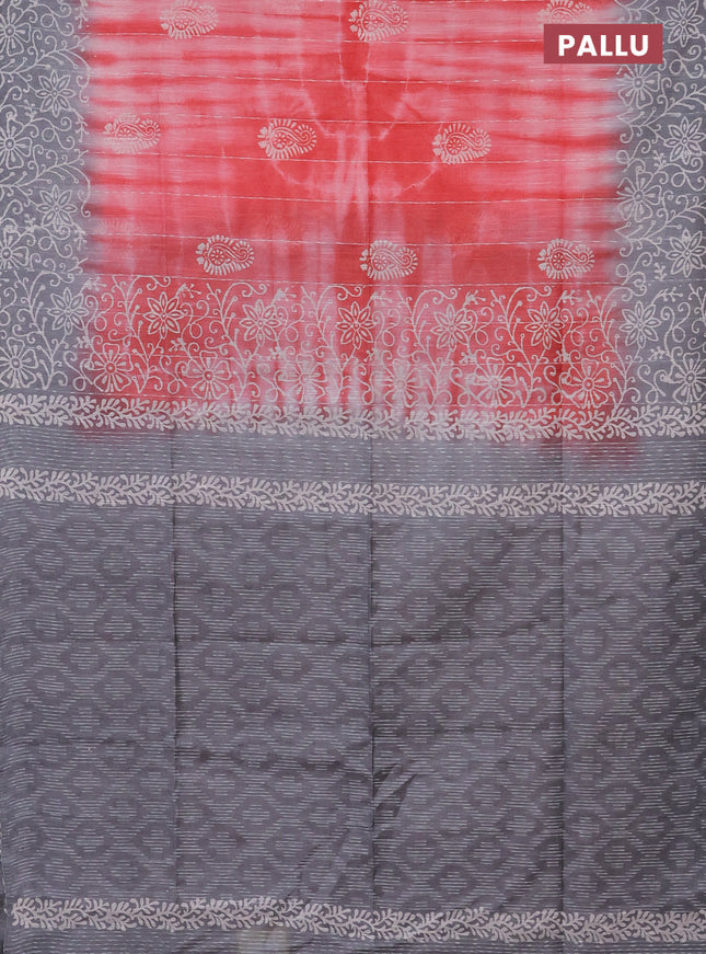 Semi bamboo saree peach orange and grey with allover thread weaves & prints and printed border