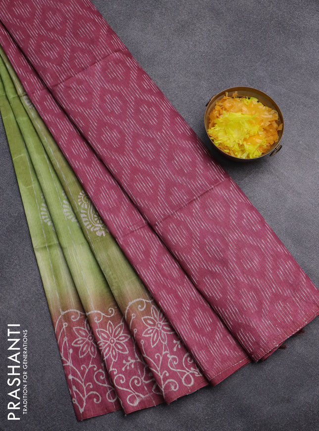 Semi bamboo saree light green and pink shade with allover thread weaves & prints and printed border