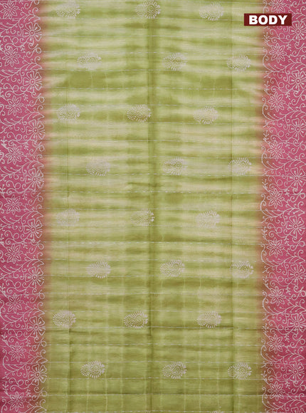 Semi bamboo saree light green and pink shade with allover thread weaves & prints and printed border