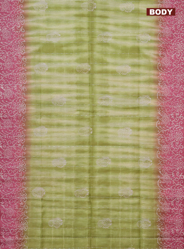 Semi bamboo saree light green and pink shade with allover thread weaves & prints and printed border
