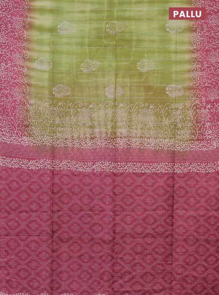 Semi bamboo saree light green and pink shade with allover thread weaves & prints and printed border
