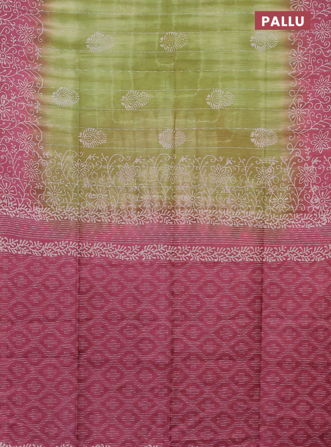 Semi bamboo saree light green and pink shade with allover thread weaves & prints and printed border