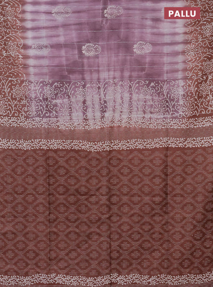 Semi bamboo saree mild purple shade and brown with allover thread weaves & prints and printed border
