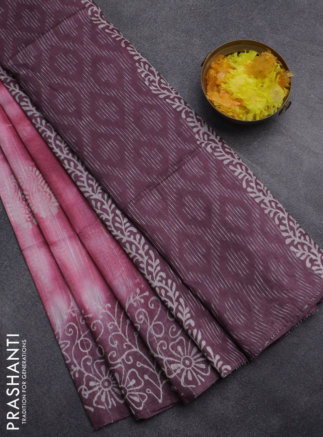 Semi bamboo saree peach pink and mauve pink with allover thread weaves & prints and printed border