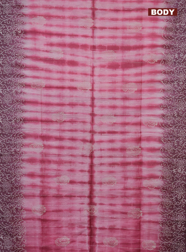 Semi bamboo saree peach pink and mauve pink with allover thread weaves & prints and printed border