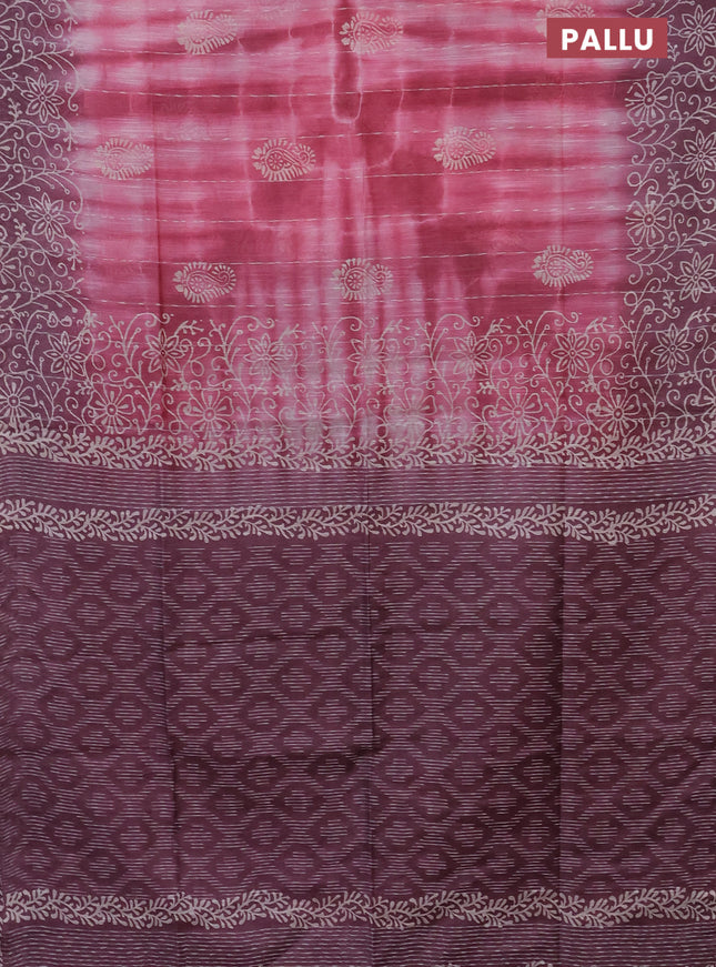 Semi bamboo saree peach pink and mauve pink with allover thread weaves & prints and printed border