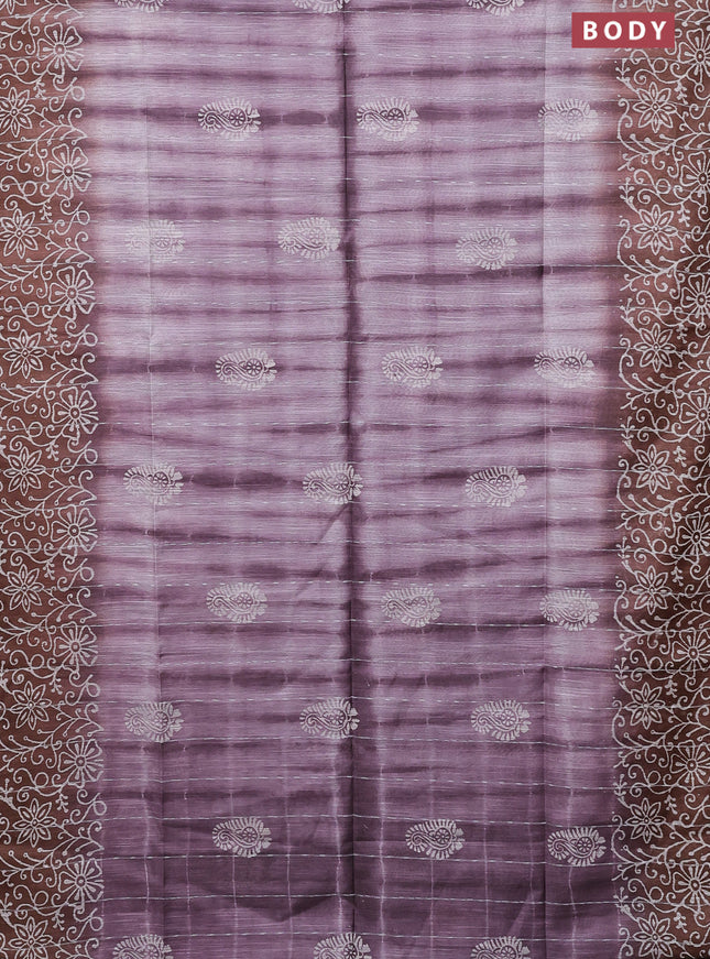Semi bamboo saree mild purple shade and brown with allover thread weaves & prints and printed border