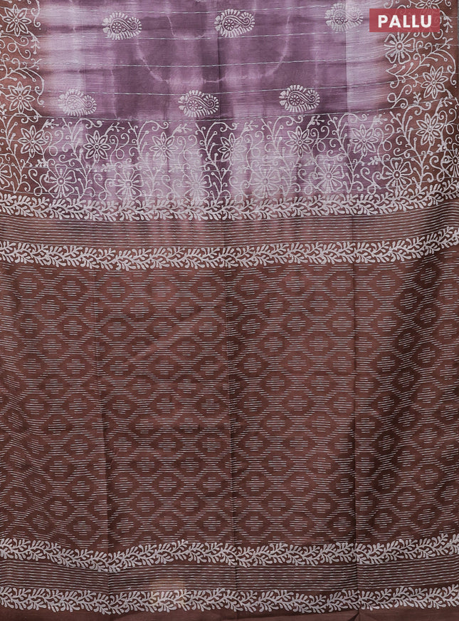 Semi bamboo saree mild purple shade and brown with allover thread weaves & prints and printed border