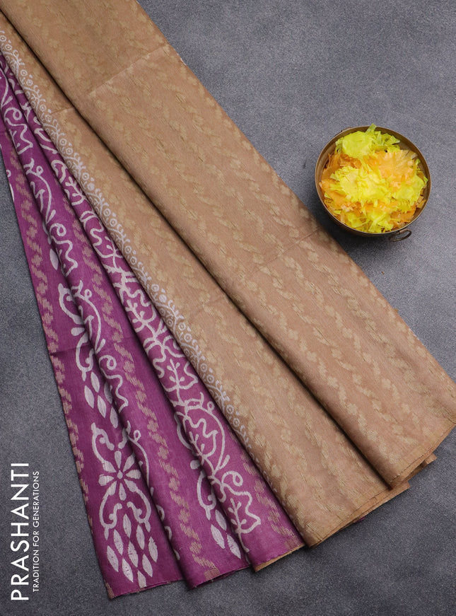 Semi bamboo saree purple and sandal with allover thread weaves & prints in borderless style