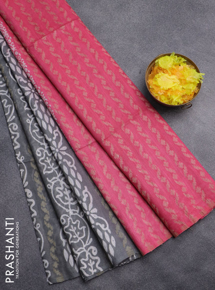 Semi bamboo saree grey shade and pink with allover thread weaves & prints in borderless style