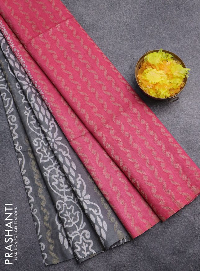 Semi bamboo saree grey shade and pink with allover thread weaves & prints in borderless style