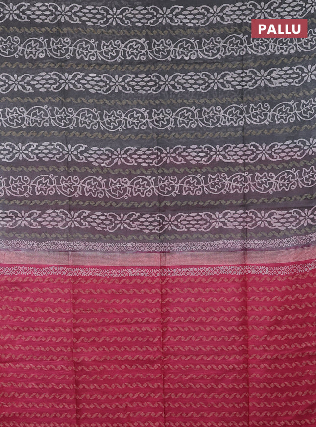 Semi bamboo saree grey shade and pink with allover thread weaves & prints in borderless style