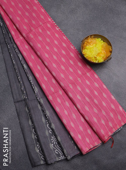 Semi bamboo saree grey shade and pink with allover thread weaves & prints in borderless style