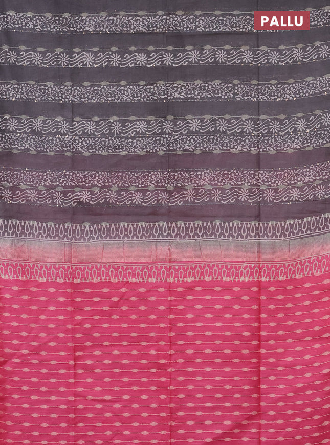 Semi bamboo saree grey shade and pink with allover thread weaves & prints in borderless style