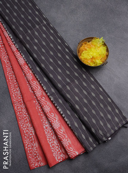 Semi bamboo saree peach orange and brown shade with allover thread weaves & prints in borderless style