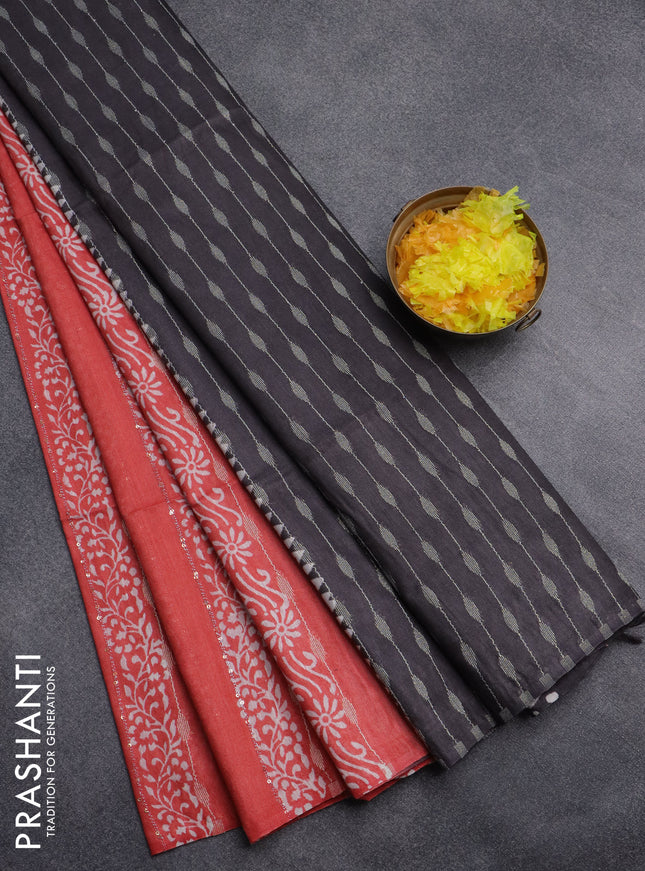 Semi bamboo saree peach orange and brown shade with allover thread weaves & prints in borderless style